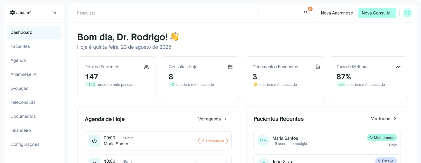 Dashboard do altuum - Gestão para fisioterapeutas